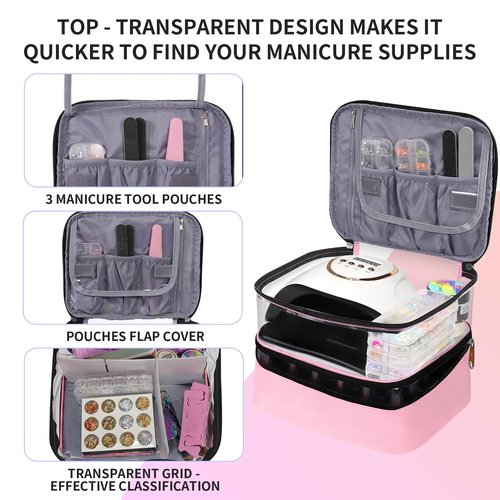 Clear Nail Polish Organizer Double layer Nail Polish Holds 30 Bottles and Nail Lamp, Nail Dryer Case Storage Supplies with Adjustable Dividers, Portable Nail Carrying Bag for Nail Tech (Pink)