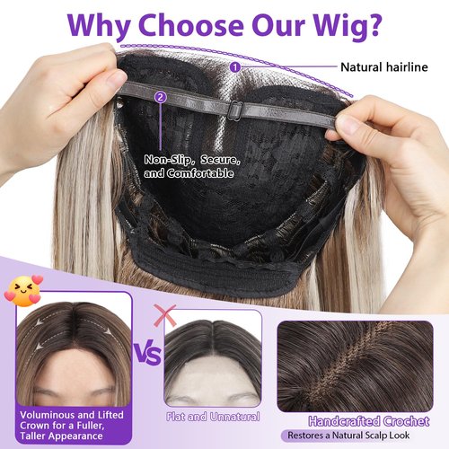 Eawwii Ombre Light Brown With Blonde Glueless Wigs for Women Pre Cut Synthetic Lace Hairline Long Layered Straight Hairstyle 26 Inch