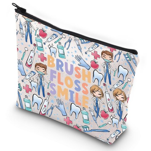 G2TUP Novelty Dentist Gifts for Women Travel Makeup Bag Brush Floss Smile Zipper Organizer Dental Dental Hygienist Gift Idea (Brush Floss New)