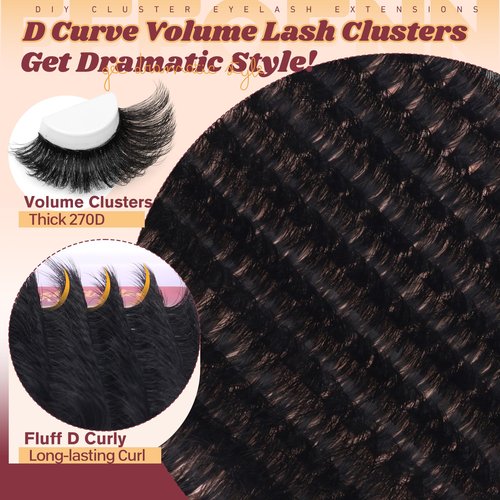 Fluffy Lash Clusters Kit Dramatic 270D Cluster Eyelash Extensions Kit 14-24mm Long Eyelash Clusters Kit Thick Volume Individual Lashes Bond and Seal Remover Tweezers Mega Lash Extension Kit by Eefofnn
