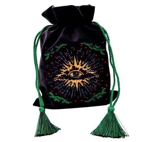 La Muci Black Velvet Pouch for Tarot Decks, Oracle Cards and Crystals, Embroidered Mystical Makeup Bag, Soft Velvet Cosmetic Pouch, Travel Organizer Storage Bag with Tassel