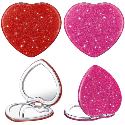 Geelin 6 Pcs Valentine's Day Heart Compact Folding Mirror Galentine Double Sided Mini Vanity Mirror Portable Travel Makeup for Purse Cute Glitter Cosmetic Looking Glass for Women Mom (Rose Red,Red)