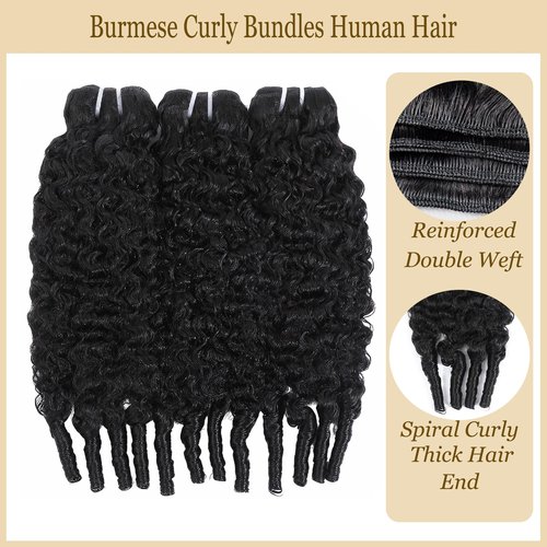 HEYKNOT Burmese Curly Bundles Human Hair 16 Inch Water Wave 100% Unprocessed Brazilian Virgin Hair Quick Weave Hair 3C4A Deep Curly human hair wet and wavy bundles for Women Natural Black
