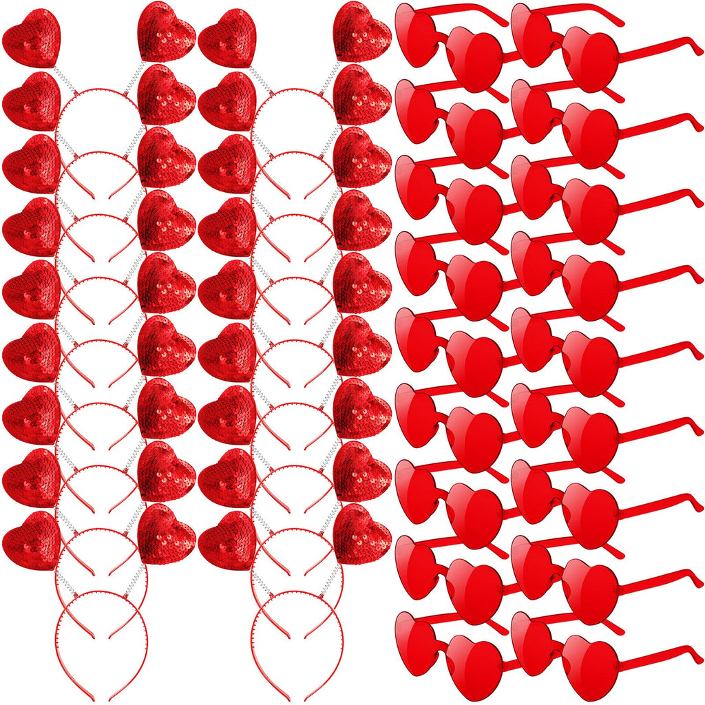 Youyole 36 Pcs Heart Shaped Headbands Bulk and Heart Shaped Sunglasses for Women Summer Birthday Party Favor Decor(Red,Frameless)