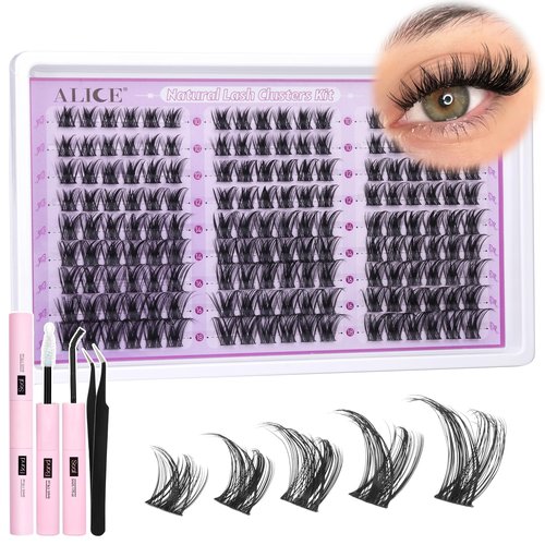 ALICE Wispy Lash Clusters Kit Natural Fluffy Lash Extension Kit Cluster Eyelash Extension Kit 162pcs C Curl 10-18mm Eyelash Clusters with Lash Glue Bond and Seal Lash Tweezers