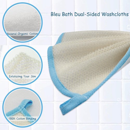Bleu Bath (12 Pack) Dual-Sided Exfoliating Skin Towel Natural Cotton Body Cloth Scrubber Premium Sturdy Loofah Towel Soft and Buffing Wash Cloth White for Either Oil or Dry Skin