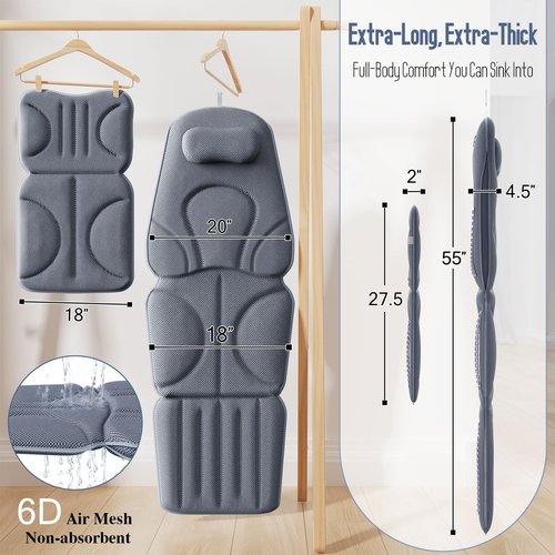 Luxury Full Body Bathtub Pillow 6D Air Mesh,Extra Long Bath Pillow for Tub Non Slip,Soft Relax Tub Pillow for Bath Head Neck Back Waist Support,Large Thick Spa Bathtub Cushion