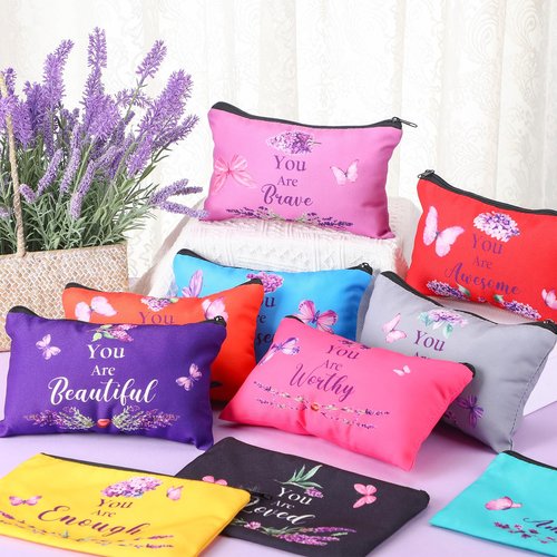 Shinylin 10 Pcs Inspirational Gifts Bulk for Women Mother's Day Canvas Makeup Bags with Zipper for Women ''you Are'' Inspirational Purple Butterfly Toiletry Cosmetic Pouches for Women's Party Favors