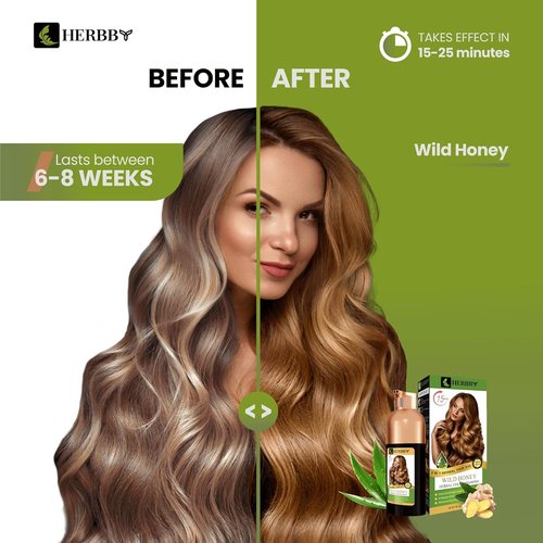 HERBBY Hair Color Shampoo - Gray Hair Coverage & Color Transformation with 9 Herbal Extracts | Long Lasting (6-8 Weeks), 500ml (Wild Honey Color)