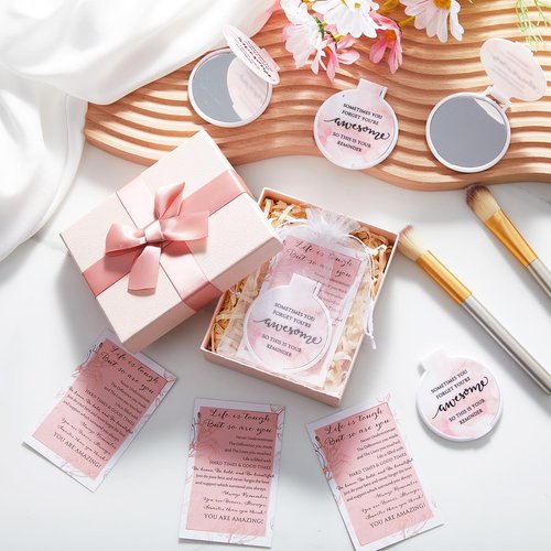 Cinnvoice 25 Set Inspirational Compact Mirror Bulk for Women Sometimes You Forget You're Awesome Motivational 2.76 Inch Small Double Sided Folding Pocket Mirror for Women Lady Mothers Day(Pink Marble)