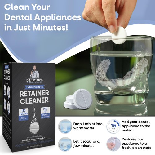 Dr. Taylor’s Denture and Retainer Cleaner Tablets (120 count) Effectively Removes Stains, Plaque, and Odor - Sports guards, Night Guards, Clear Aligners & Dentures Refreshing Mint Flavor
