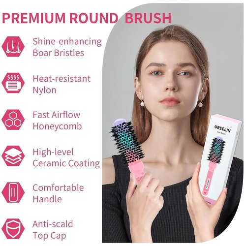 UREELIN Round Brush - 1.3 Inch Nano Thermal Ceramic & Ionic Hair Brush with Boar Bristles for Salon-Quality Blowouts, Volume & Shine
