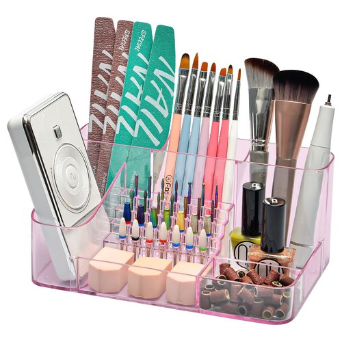 CGBE Nail Drill Holder, 28 Holes Transparent Acrylic Drill Bit Holder for Nails, Professional Nail Tool Organizer and Nail Desk Organizer -Pink (Not Including Nail Drill Machine & Bit)