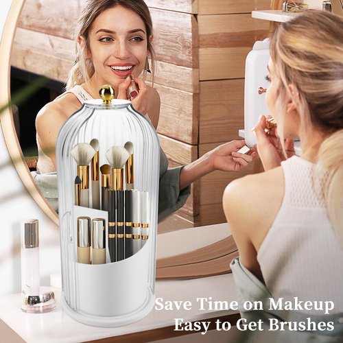 Makeup Brush Holder Organizer, 360 Rotating Makeup Brush Holder, Dustproof Waterproof Material & with 3 Compartments for Organized Storage, Dressing Tables Clear Storage Skincare Cosmetic (White)