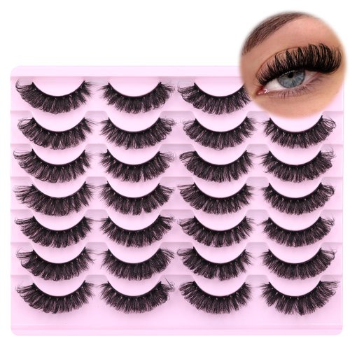 False Eyelashes Volume Russian Strip Lashes D-Curly Fake Eyelashes Extension Wispy Cat Eye Lashes Handmade Soft Reusable 14 Pairs Lashes Pack
