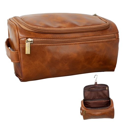Eurow Luxe Mens 3 Compartment Faux Leather Toiletry Bag With Metal Hanging Hook & Handstrap For Travel, Organize Bath Supplies, Grooming & Shaving Kits, Personal Hygiene, Travel Essentials, Brown