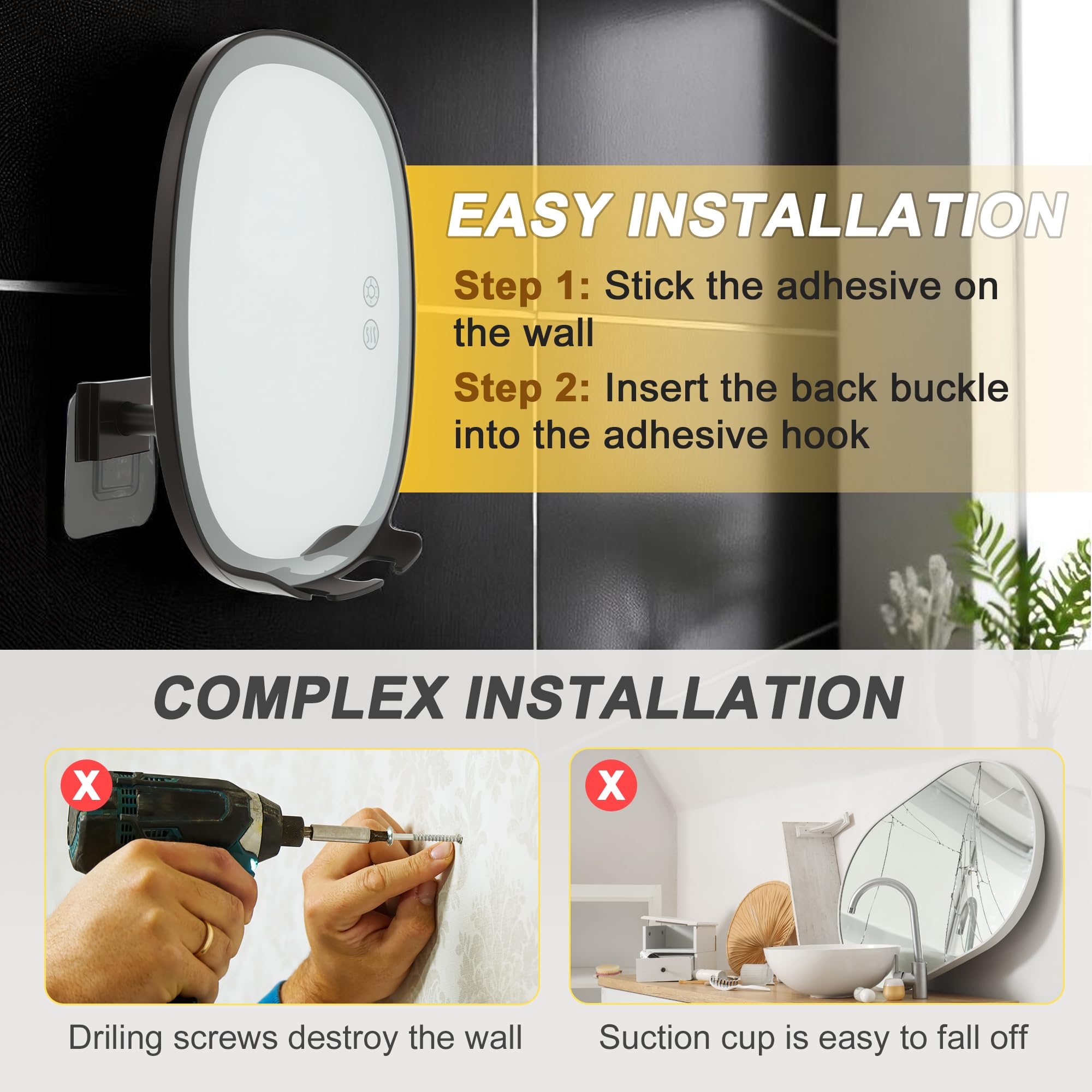 VOCOSTE Shaving Mirror for Shower Fogless, Heated Anti-Fog Mirror with 3-Color Dimmable LED Lights, 360° Rotation & 2 Weeks Runtime 5000mAh, Shower Mirror for Shaving Men, 2 Razors Holders
