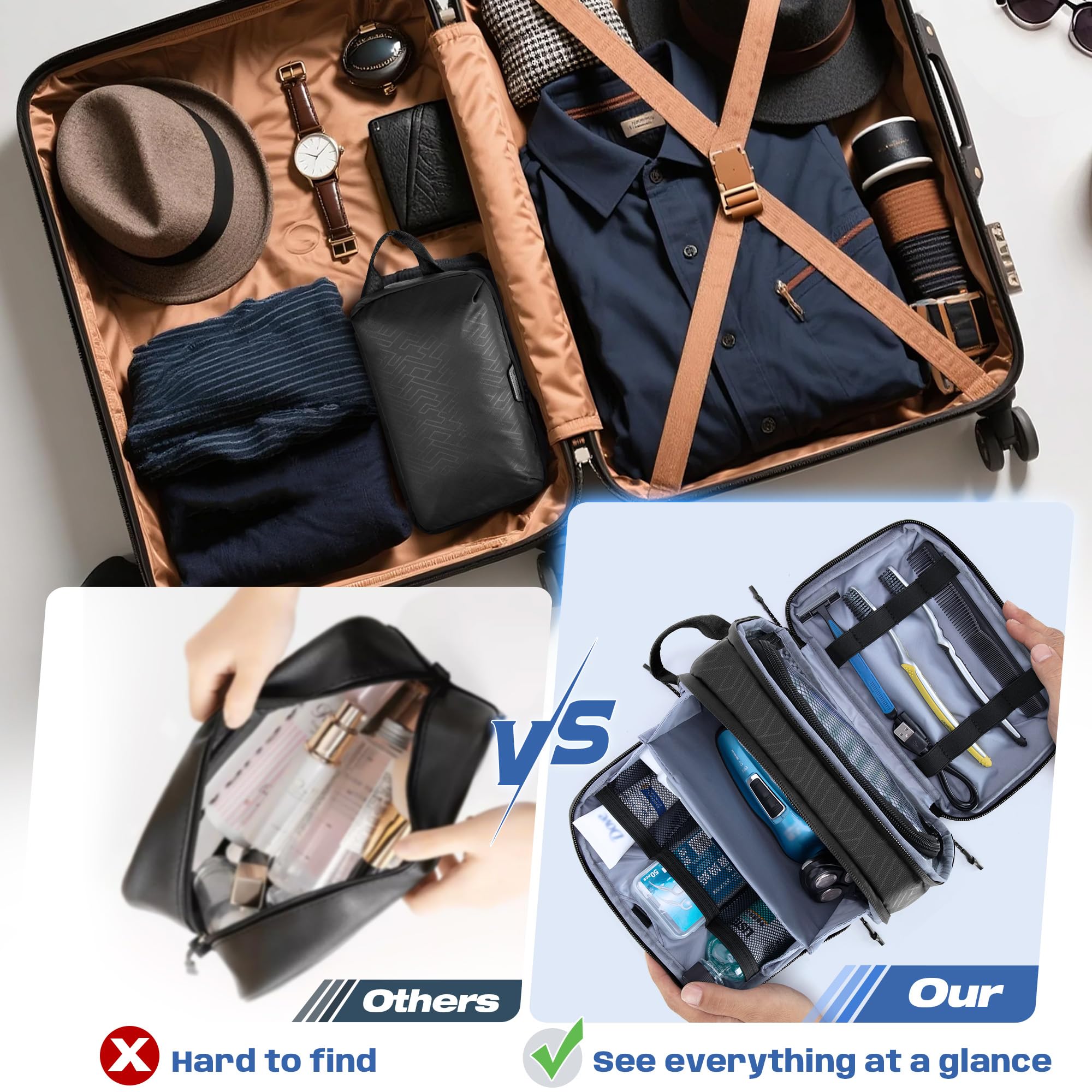 Yarwo Travel Toiletry Bag for Men, Hanging Dopp Kit Shaving Storage Case, Water-resistant Toiletry Organizer Hygiene Bag for Toiletries, Skincare, Razor, Makeup, Shower Essentials, Xmas Gift for Men