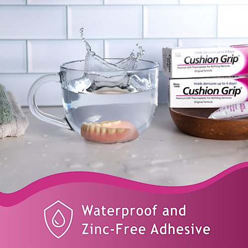 Cushion Grip Thermoplastic Denture Adhesive 1oz (5-Pack)–Extra Strong Hold Up to 4 Days, Unmatched Strength, Waterproof & Zinc Free, Relieves Sore Gums, Comfortable Refit, Long Lasting Denture Refit