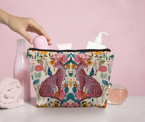 uinwk Floral Leopard Makeup Bag, Hot Pink Preppy Leopard Cheetah Makeup Bag, Preppy Stuff, Leopard Print Gifts for Women, Floral Cosmetic Bag Makeup Pouch