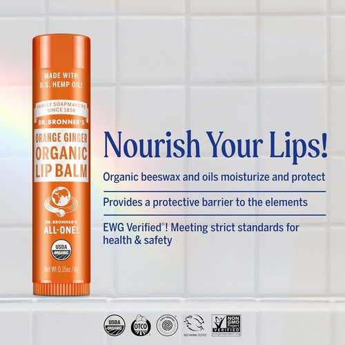 Dr. Bronner’s Organic Lip Balm - Natural, Moisturizing & Petroleum-Free | 6-Pack (.15oz) - Orange Ginger