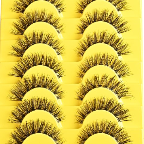 QUNETY Lashes Wispy False Eyelashes Natural Fake Lashes with Clear Band 10 Pairs Cat Eye Lashes Pack Reusable Lashes Natural Look Short Wispies Mink Eyelash Strips Cateye Lashes for Women