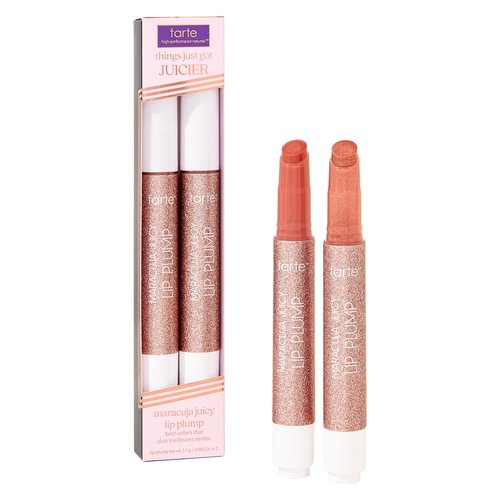 tarte maracuja juicy lip plump bestsellers duo – Hydrating Volumizing Shimmer Lip Plumper Balm, Plumps & Moisturizes, Vegan & Cruelty-Free, full size, dahlia & rosy copper shimmer glass