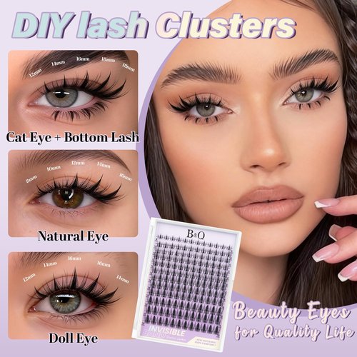 B&Q Fairy Lash Clusters - DIY Lash Extension at Home Beginner-Friendly Manga Lashes, 144pcs Eyelash Clusters with 0.3mm Invisible Band & Waterproof, Salon Look for Daily Work & Parties （Fairy 8-18mm）