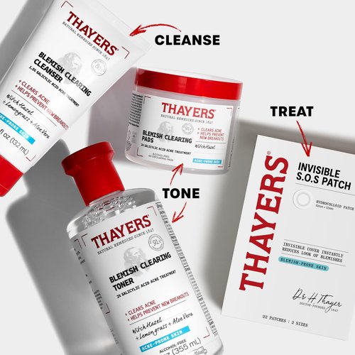 THAYERS Invisible S.O.S Hydrocolloid Acne Pimple Patch, Ultra-Thin Design Instantly Reduces Look of Blemishes, Set of 22 Pimple Patches