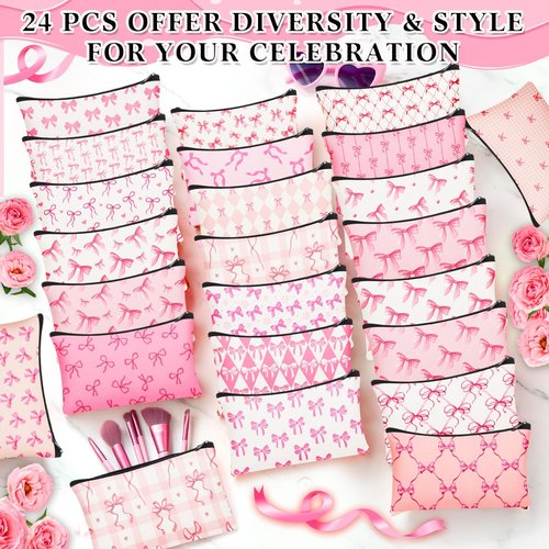 SilTriangle 24 Pieces Funny Cosmetic Bags Bulk Make up Bags Zipper Canvas Purse Organizer Pouch Portable Travel Toiletry Pouch for Women Inspirational Gifts, 7 x 4 Inch(Bow)