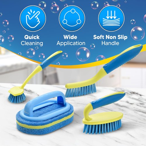 Scrub Brush Set for Bathroom Kitchen Bathtub Toilet Deep Cleaning Brush Tools All Purpose Cleaner Sponge Scrubbing Brushes with Ergonomic Handle, 4-Piece