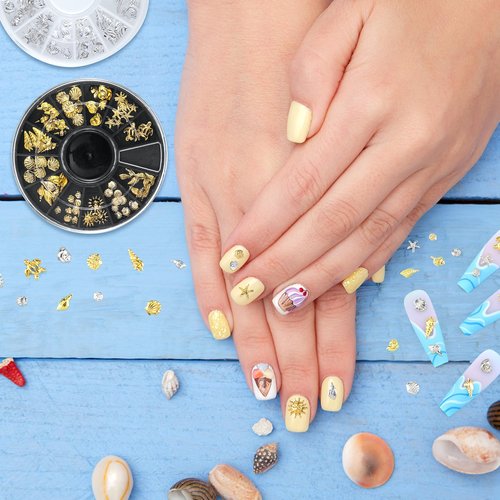 Pndeyo 2 Disc Ocean Nail Art Charms, Beach Starfish Sea Seashell Nail Decal, Alloy 3D Gems Jewelry Decoration Supplies for Manicure DIY Embellishments 12 Style- Silver & Gold
