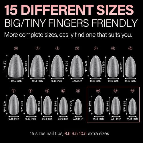 AILLSA Short Almond Nail Tips 450PCS Acrylic Gel Double-sided Matte Clear Pre-Buff Gel Nail Tips No Need Base Coat Press on Nails Tips for Extension 15 Sizes