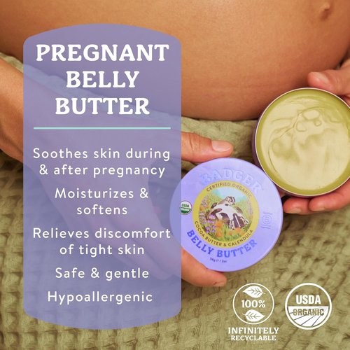 Badger Belly Butter - Organic Stretch Mark Cream for Pregnant Women | Hypoallergenic Cocoa & Coconut Butter, 2 oz