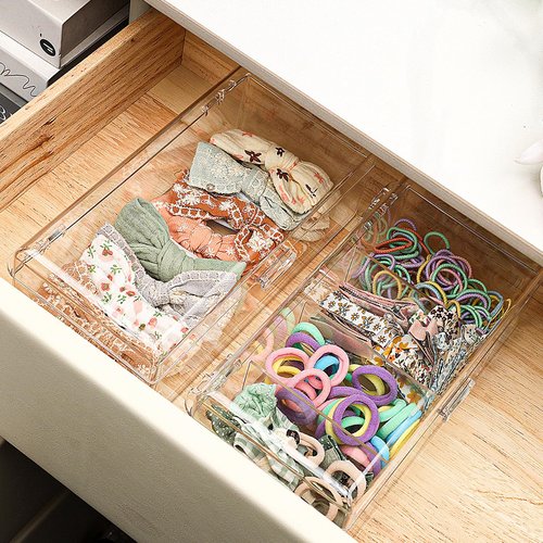 JessLab Hair Accessories Organizer for Girls, Acrylic Hair Bow Tie Clip Scrunchie Holder with Dividers, Clear Stackable Storage Box for Bathroom, Bedroom, Vanity Countertop, 4 Compartment