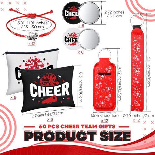 Sunnymove 60 Pcs Cheerleader Gifts Bulk Cheer Team Gifts for Women with Cheerleader Cosmetic Bags Makeup Mirror Bracelets Lipstick Holder Keychains Lanyard Cheer Team Party Favors(Red White)