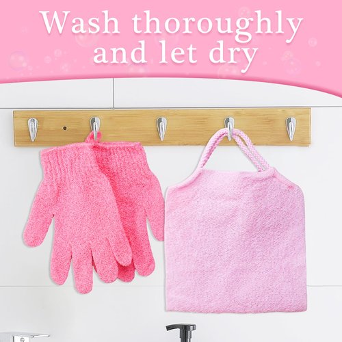 4Pcs Exfoliating Back Scrubber with Handle and 2 Pairs Shower Bath Gloves Bath Set for Shower Bath Exfoliator Stretchable Skin Massages Back Scrubber Improve Blood Circulation