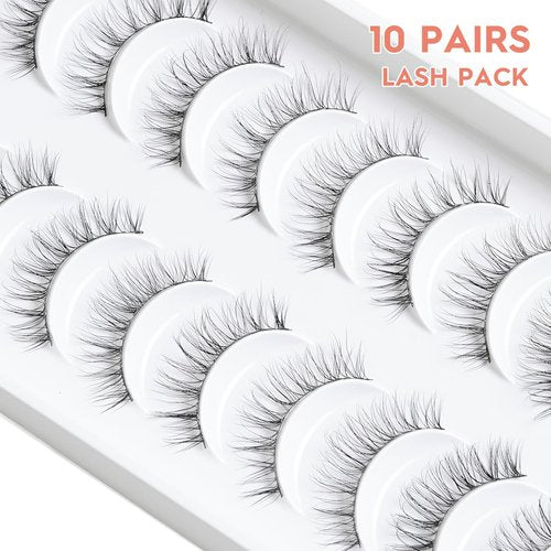 Natural Lashes Wispy False Eyelashes 10mm Short Lashes 3D Volume Strip Lashes Fake Eyelashes Siligli Lashes Thin Band Curly Eye Lashes Pack 10 pair