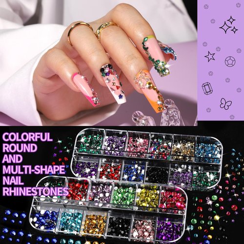 FANDAMEI Nail Charms and Gems, 8 Boxes Nail Art Kit for Design, Multi-Shape Rhinestones for Nails Flat Back Pearls Jewels, 3D Fruit Flower Candy Nail Charms, Gold Nail Studs Jewels