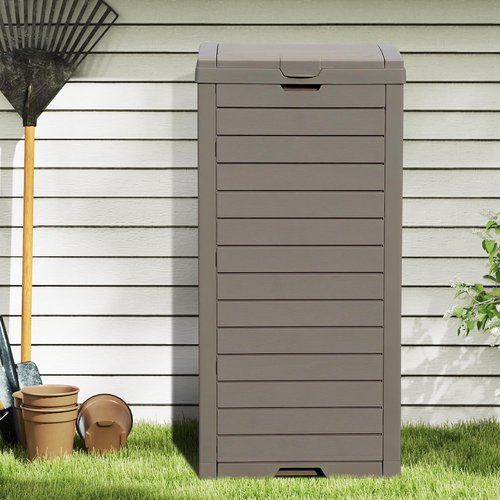 DWVO 38 Gallon Outdoor Trash Can - Waterproof Resin Garbage Bin with Lid & Drip Tray | Taupe