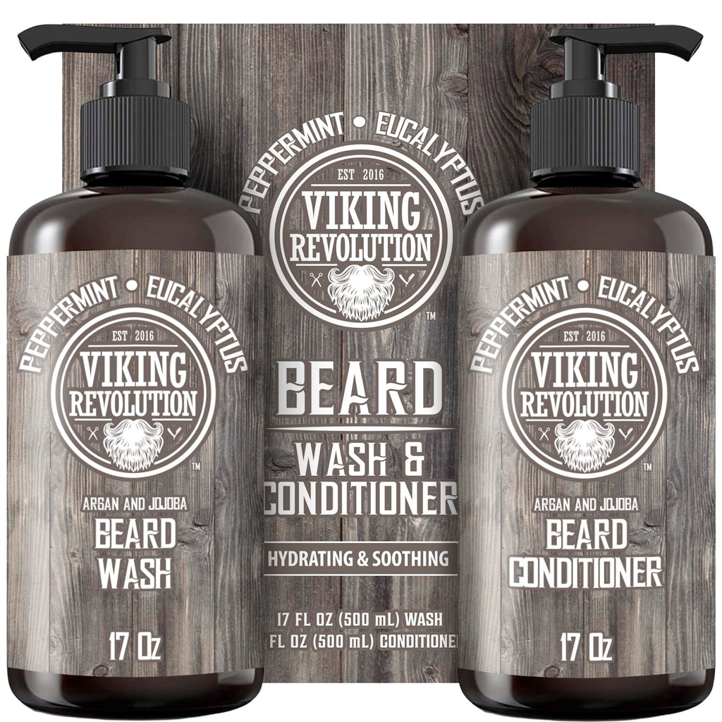 Viking Revolution Beard Wash & Conditioner Set w/Argan & Jojoba Oils – Softens, Smooths & Strengthens Beard Growth - Natural Peppermint and Eucalyptus Scent - Shampoo (17 oz)