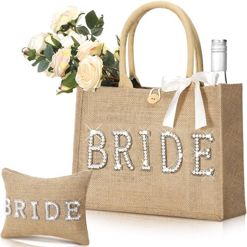 Sweetude 2 Pcs Bride Bag Set Bride Jute Beach Tote Bag with Ribbon Makeup Pouch with Rhinestone Letter Bridal Shower Gift for Bachelorette Wedding Engagement