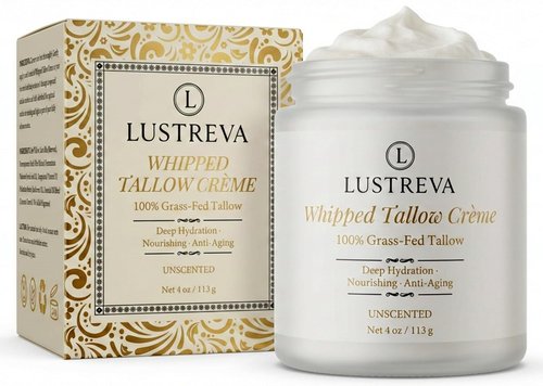 Lustreva Premium Whipped Beef Tallow for Skin Care – 100% Grass Fed Tallow Balm Moisturizer for Face & Body – Deeply Nourishing, Unscented Cream for Dry, Sensitive Skin (4 oz)