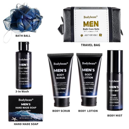 Skiennix Men's Bath and Body Spa Gift Set - 7-Piece Daily Care Kit with 3-in-1 Wash & Handmade Soap | Perfect Gift for Dad, Husband, or Son