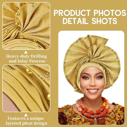 Nigerian headwear for Women African headscar,Auto Gele headband,hand wrap beaded - made for weddings parties events (Gold)