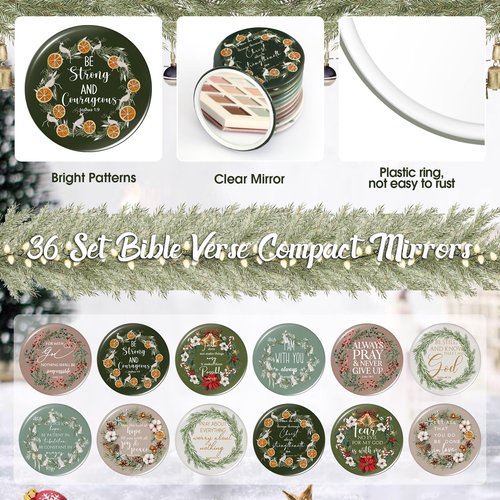 Thyle 36 Sets Christmas Christian Gifts Bulk Bible Verse Compact Mirrors Mini Christian Pocket Mirror Portable Round Makeup Mirrors with Christmas Greeting Cards for Women Xmas Church Party Favors