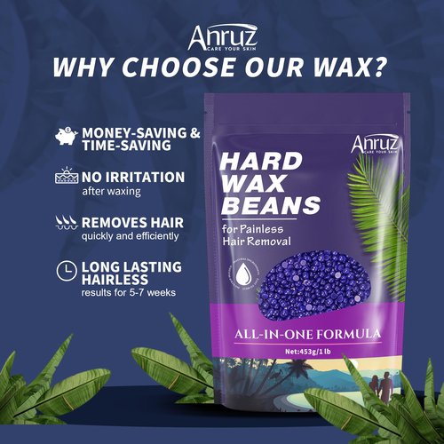 Anruz Hard Lavender Wax Beads (1lb) - Professional Hair Removal for Brazilian Bikini, Legs, Underarms, Chest - Home Waxing for Any Warmer