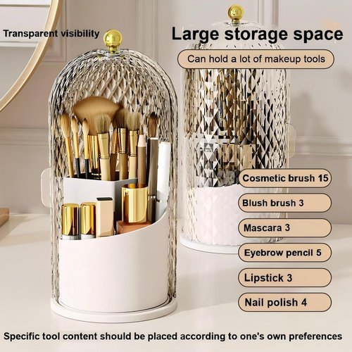 RONGZHIERK Makeup Brush Holder with Lid，Makeup Brush Storage Box with Diamond Pattern，360 Rotating Waterproof and Dustproof Beauty Brushes Storage for Vanity Bathroom,White