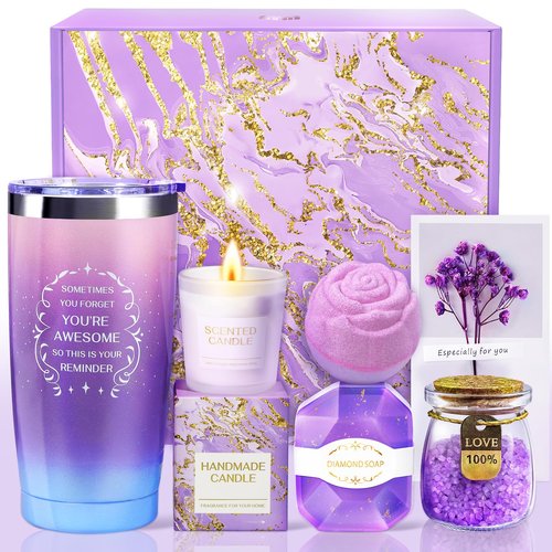 Birthday Gifts for Women, Valentines Day Gifts for Her, Wife, Girlfriend, Coworker, Grandma, Bestie, Romantic Purple Self Care Spa Relaxation Baskets Gift Set Idea for Her Anniversary