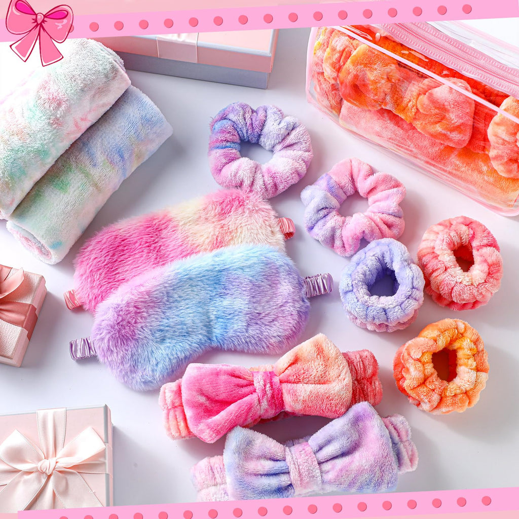 Wavwavw 48 Pcs Spa Party Favors Sleepover Party Supplies for Women Slumber Supplies Eye Mask Makeup Headband Hair Scrunchies Toiletry Bag Towels Greeting Cards Wristband(Multicolor,Tie Dye)